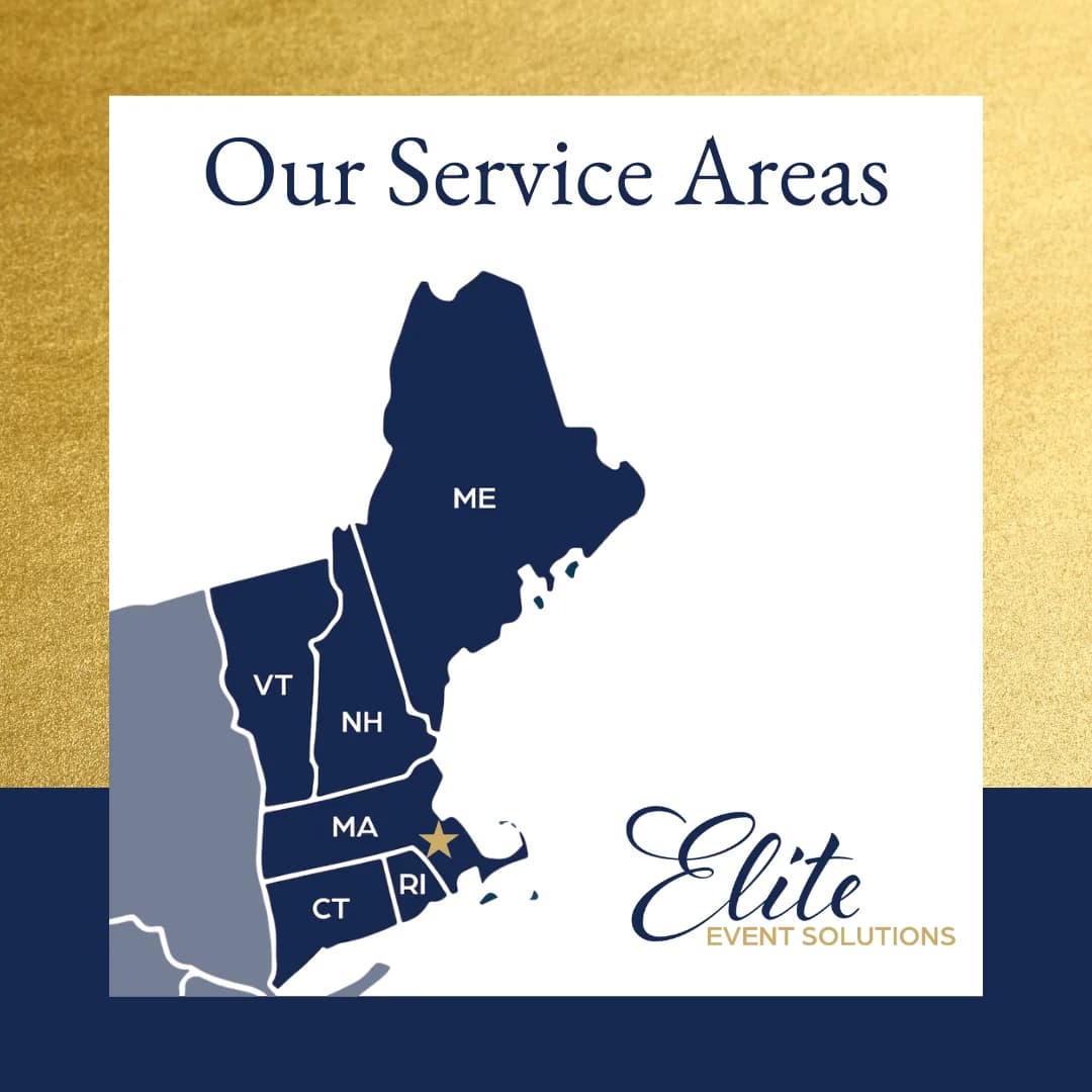 Map of the New England service area covered by Elite Event Solutions restroom trailer rentals